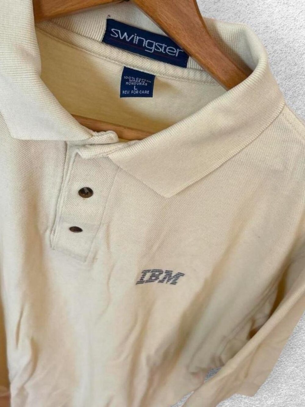 Vintage IBM Polo Shirt Mens L White Pique Logo Computer Swingster 80s 90s USA